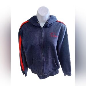 Navy Blue Zip-Up Hoodie with Red Stripes